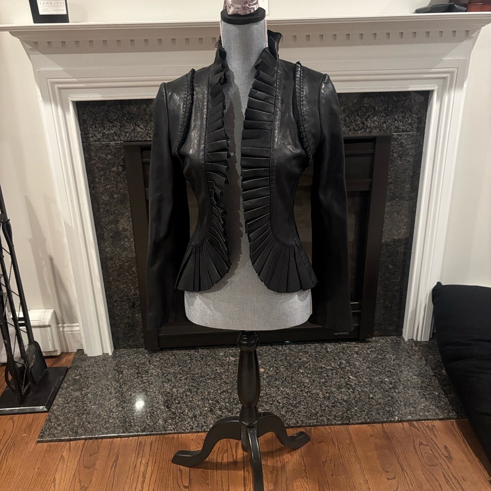 Tory Burch Black Ruffle Leather Jacket with Pleated Detail